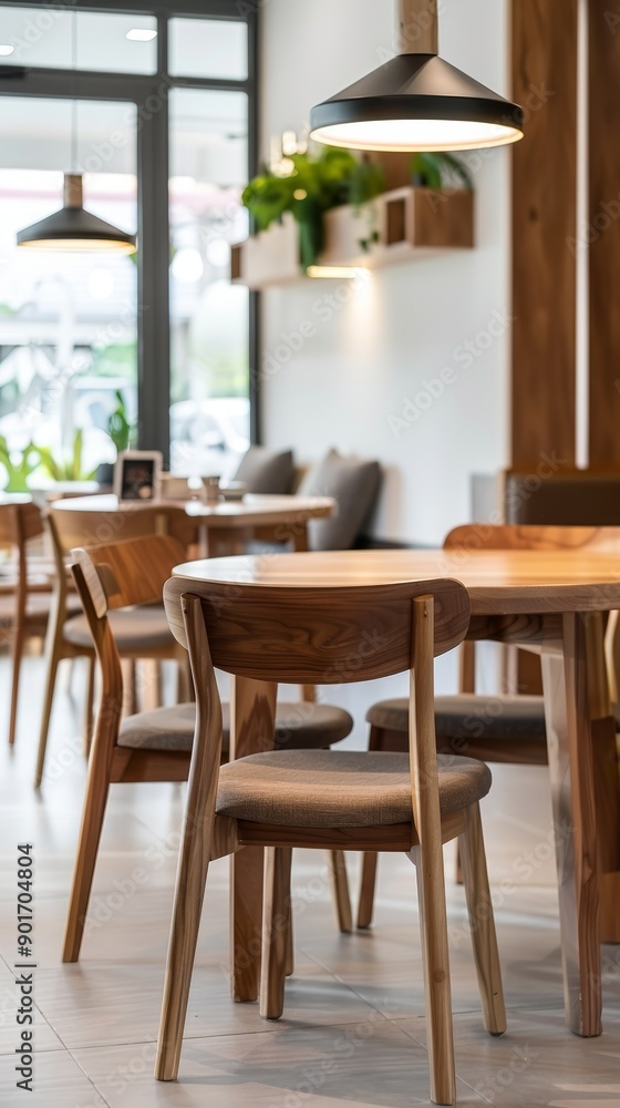 Stylish wooden table and chairs in a modern cafe, featuring pendant lights and greenery in a cozy, inviting atmosphere. Stylish wooden table and chairs in a modern cafe, featuring pendant lights and greenery in a cozy, inviting atmosphere.
