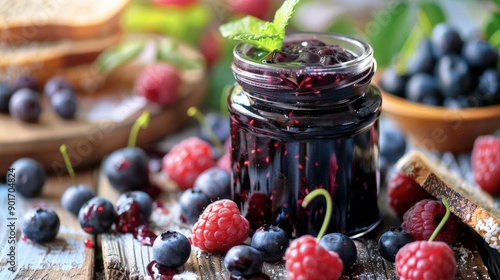 A jar of berry jam with berries on the table. photo