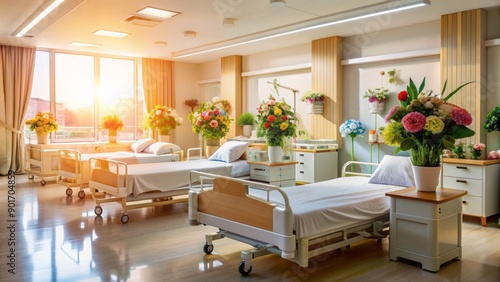 Warmly lit hospital ward with empty beds, medical equipment and flowers, symbolizing appreciation and gratitude for nurses' tireless work on International Nurses Day 2024. photo