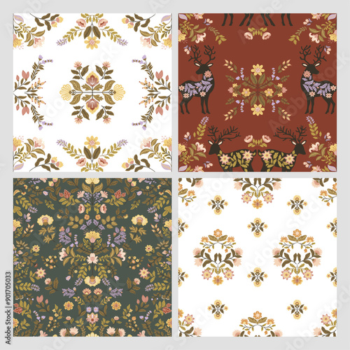 
A set of 4 seamless patterns with folk art elements featuring deer and flowers on a dark background. Perfect for textiles, wallpaper, gift wrap, and home decor with a Scandinavian traditional motif.