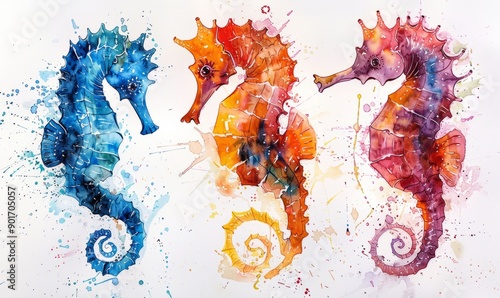 Abstract seahorses in watercolor on a white canvas.