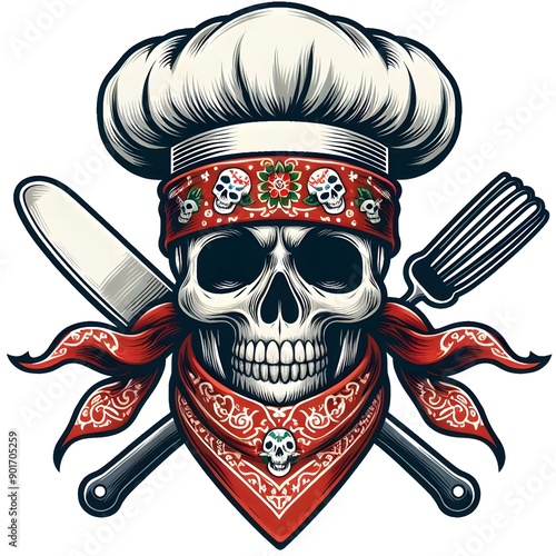 Skull Chef with Bandana and Crossed Kitchen Utensils