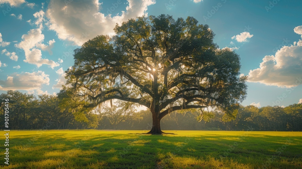 Fototapeta premium The sun brightly shines through the crooked branches of a majestic green tree 