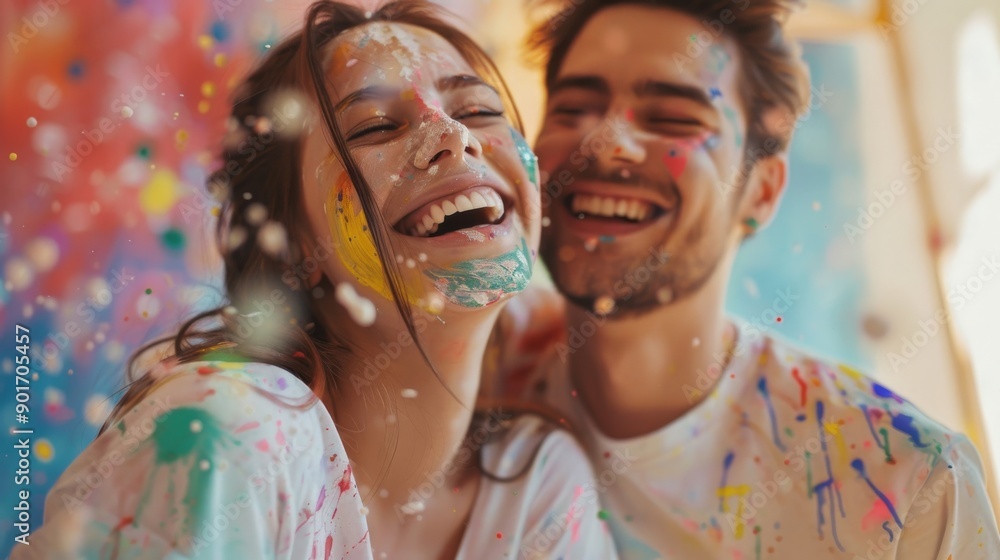 Happy couple with paint splashes on their faces, laughing and enjoying a fun, colorful moment together, expressing joy and creativity.