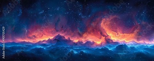 Abstract night sky with aurora borealis in watercolor.