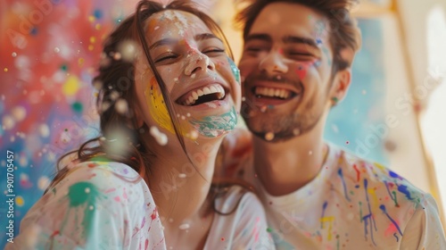 Obraz na płótnie Happy couple with paint splashes on their faces, laughing and enjoying a fun, colorful moment together, expressing joy and creativity. w salonie