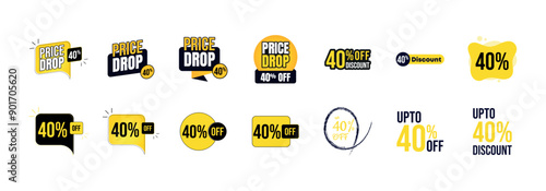 40 percent discount set, Price drop Icons, 40% off discount collection, discount tags Bundles, percent sign percentage interest rate, 40% sale discount savings symbols, discount offer, up to 40% off, 