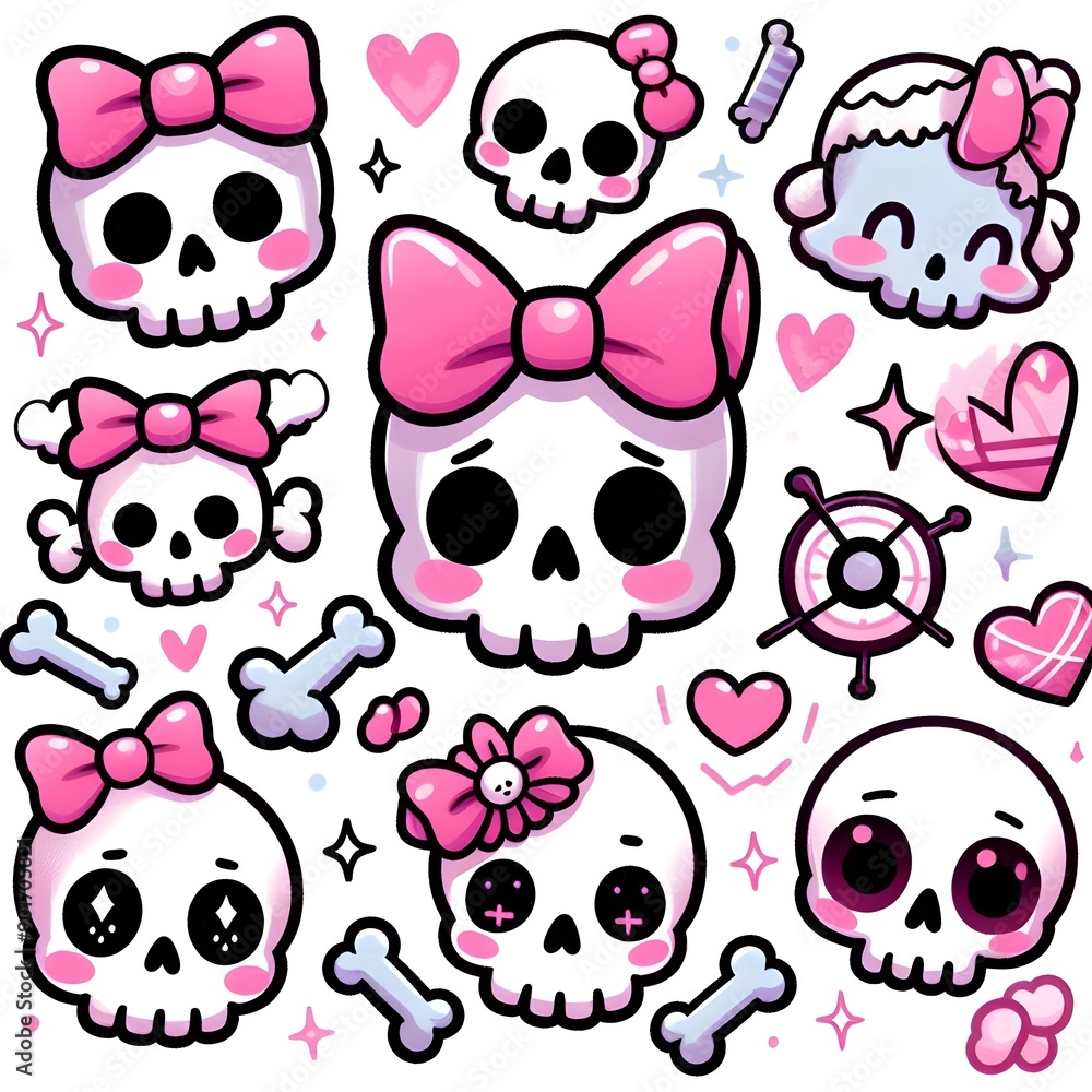 Cute Kawaii Skulls with Pink Bows and Hearts Pattern Cute Kawaii Skulls with Pink Bows and Hearts Pattern