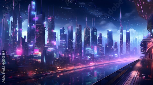 Panoramic view of the night city. The concept of the future of the city.