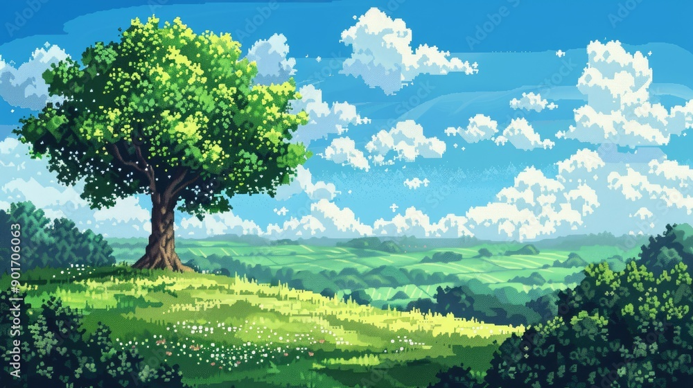 Serene countryside in pixel art with a lush tree, rolling hills, and a soft blue sky dotted with fluffy clouds, evoking tranquil nostalgia Serene countryside in pixel art with a lush tree, rolling hills, and a soft blue sky dotted with fluffy clouds, evoking tranquil nostalgia