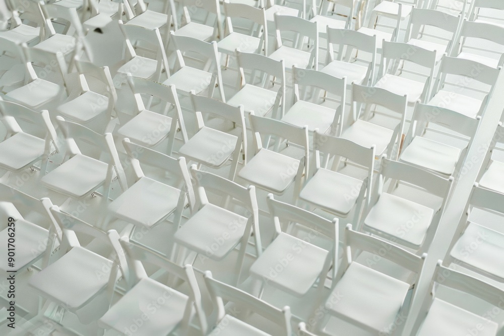 Obraz premium The white space, white chairs are arranged together regularly.