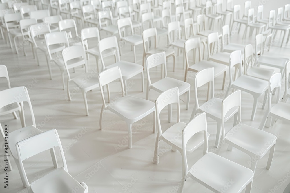 Naklejka premium The white space, white chairs are arranged together regularly.