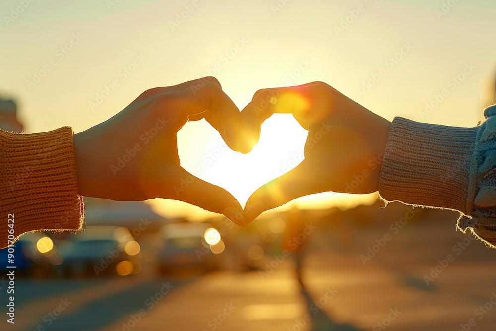 Couple forming a heart shape with hands against a sunset backdrop while enjoying a romantic evening Couple forming a heart shape with hands against a sunset backdrop while enjoying a romantic evening