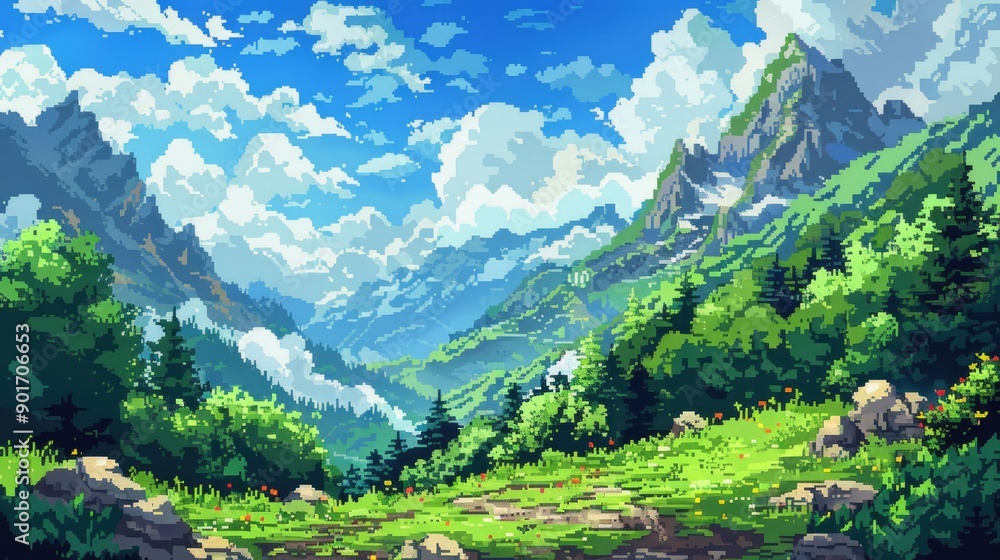 Serene mountain pass with lush greenery in pixel art style, sunny sky with fluffy clouds, evoking classic video game nostalgia