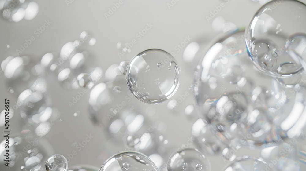 Transparent bubbles, floating, light gray background. Transparent bubbles, floating, light gray background.