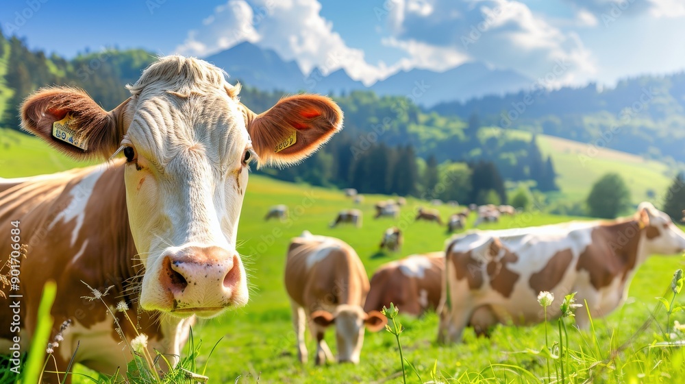 Obraz premium A cow is looking at the camera with its head turned to the side