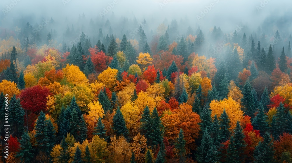 Vibrant Autumn Foliage and Fog Covering Forested Landscape in Early Morning Light. Generative AI Vibrant Autumn Foliage and Fog Covering Forested Landscape in Early Morning Light. Generative AI