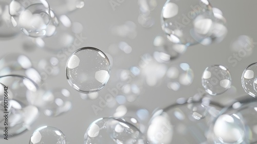 Transparent bubbles, floating, light gray background.