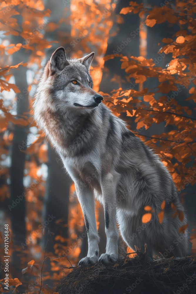 A majestic wolf stands tall on its hind legs, surrounded by vibrant autumn foliage in a serene forest. A majestic wolf stands tall on its hind legs, surrounded by vibrant autumn foliage in a serene forest.
