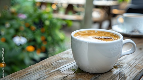 Freshly brewed coffee enjoyed in a garden cafe, Coffee garden, Garden cafe photo