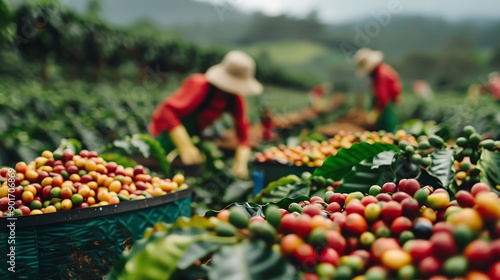 Family working together in a coffee garden, symbolizing community effort, Coffee garden, Family farming photo