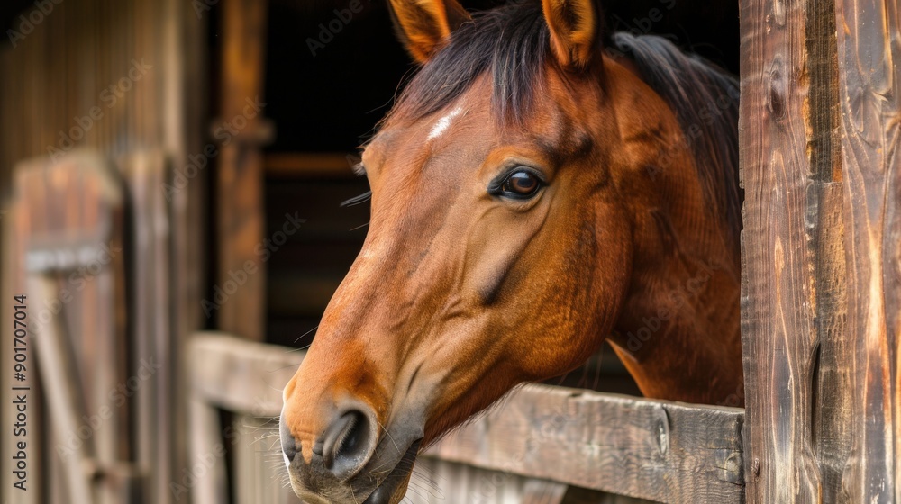 A brown horse is looking out of a wooden stall. The stall is made of wood and has a door A brown horse is looking out of a wooden stall. The stall is made of wood and has a door