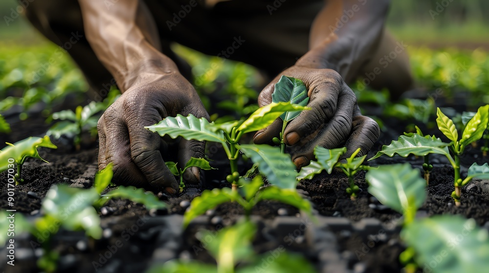 Obraz premium Hands planting coffee seedlings, Coffee cultivation, Beginning of growth cycle
