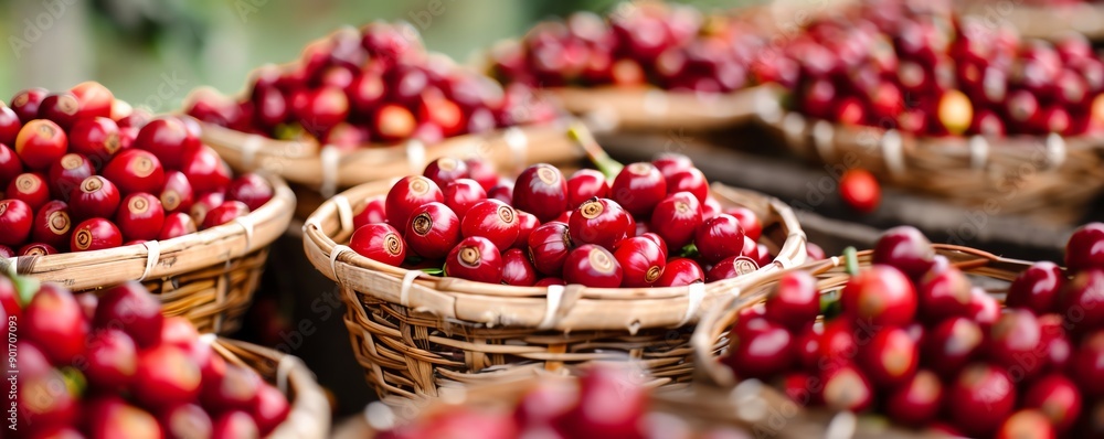 Harvested coffee cherries in woven baskets, Coffee harvest, Rustic agricultural scene Harvested coffee cherries in woven baskets, Coffee harvest, Rustic agricultural scene