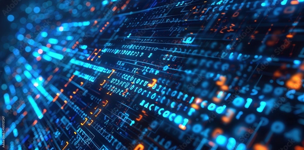 Obraz premium Cyberpunk Matrix. Futuristic hacking code background High detailed wallpaper
