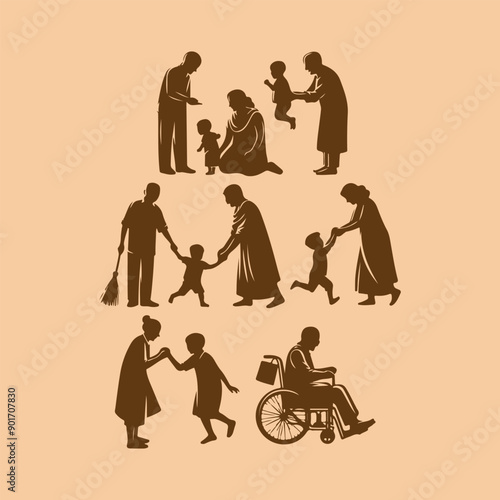 "Heartwarming Silhouette Vector Illustration of Grandchildren Playing with Grandparents"