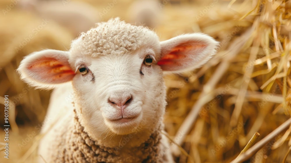A sheep with a white face stands in a field with other sheep. The sheep is the center of attention and he is looking at the camera A sheep with a white face stands in a field with other sheep. The sheep is the center of attention and he is looking at the camera