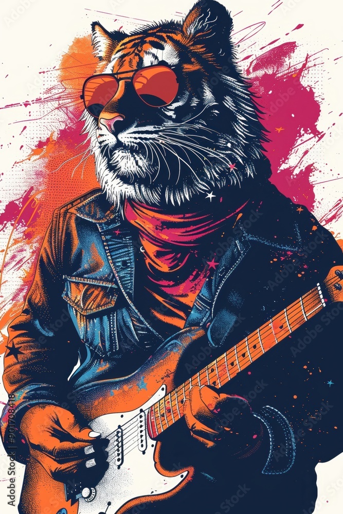 Obraz premium A vibrant illustration of a tiger wearing sunglasses and playing guitar, blending music and wild spirit in a colorful design.