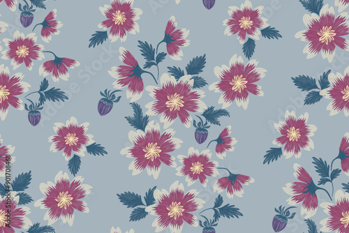 Flowers patterns seamless background border embroidery ikat texture. Pink blue dahlia vintage floral motifs paisley batik design hand drawn Vector illustration. 