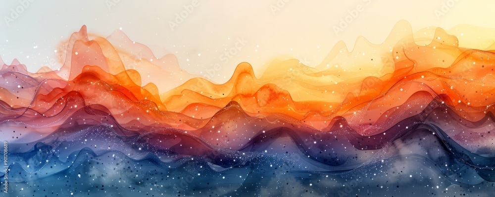 Abstract cosmic waves with stars and light in watercolor on white. Abstract cosmic waves with stars and light in watercolor on white.