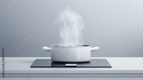 A modern induction cooktop with touch controls, showing a pot of boiling water, flat design illustration, with copy space, high-resolution photo, hyper realistic photo