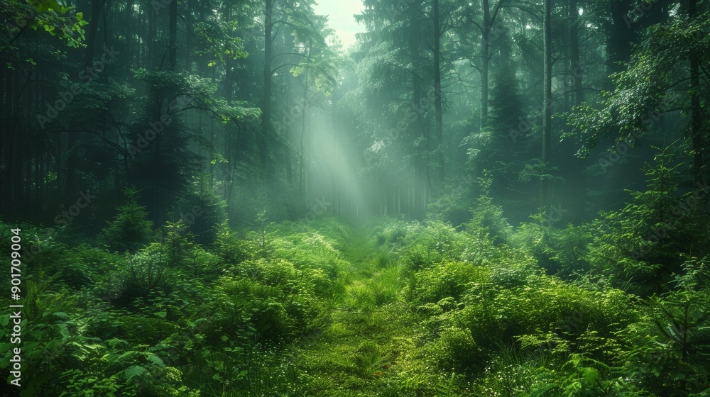Obraz premium Serene Morning Light Filters Through Lush Green Forest In Early Autumn. Generative AI