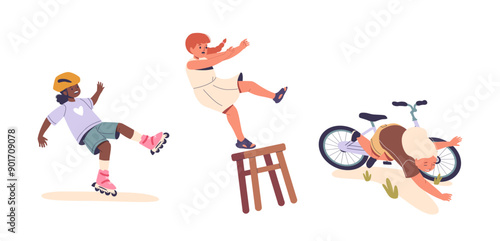Children Experiencing Falls While Engaged In Activities Like Roller Skating, Playing On A Stool And Riding Bicycle