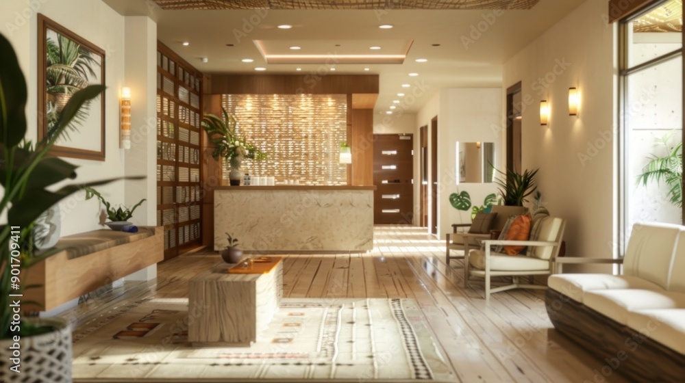 The interior with white sofas, a shiny reception desk and greenery radiates warmth and tranquillity. Large bay windows flood the room with natural light, creating a welcoming atmosphere for visitors. The interior with white sofas, a shiny reception desk and greenery radiates warmth and tranquillity. Large bay windows flood the room with natural light, creating a welcoming atmosphere for visitors.