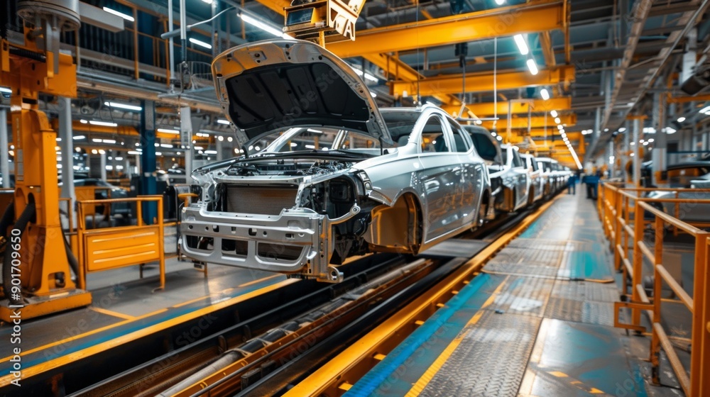 Image of a car factory assembly line: multiple cars being built, silver car in focus with open hood. Workers in yellow outfits, industrial setting with yellow lights. Image of a car factory assembly line: multiple cars being built, silver car in focus with open hood. Workers in yellow outfits, industrial setting with yellow lights.