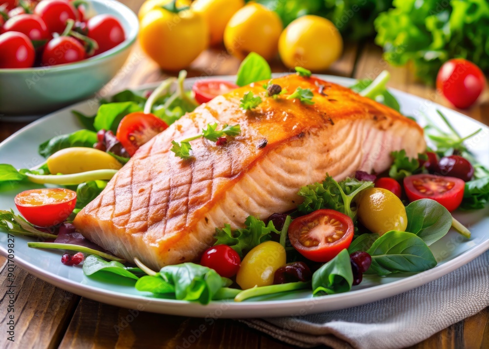 Freshly baked salmon fillet served on a bed of mixed greens with roasted vegetables, cherry tomatoes, and a light vinaigrette dressing, perfect for healthy diets. Freshly baked salmon fillet served on a bed of mixed greens with roasted vegetables, cherry tomatoes, and a light vinaigrette dressing, perfect for healthy diets.