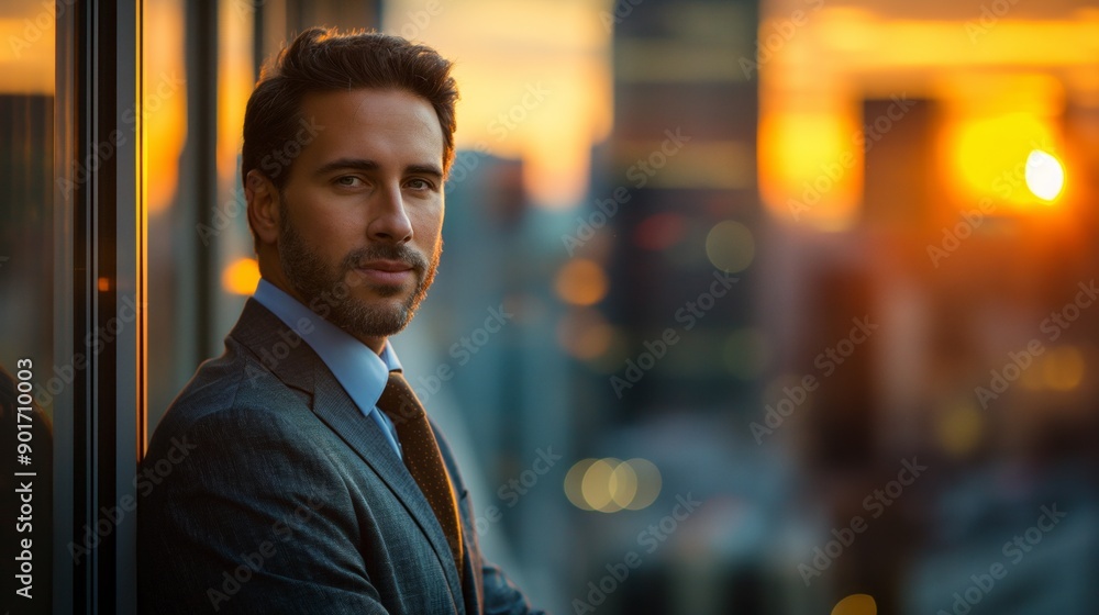 Fototapeta premium A man dressed in a suit stands thoughtfully against a window, looking out at a vibrant city sunset.