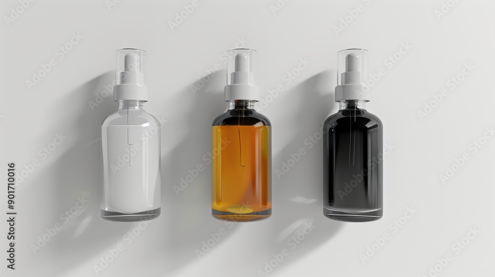Set the cosmetic bottle layout on a light background. Set the cosmetic bottle layout on a light background.