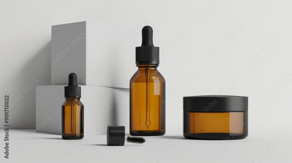 Set the cosmetic bottle layout on a light background. Set the cosmetic bottle layout on a light background.