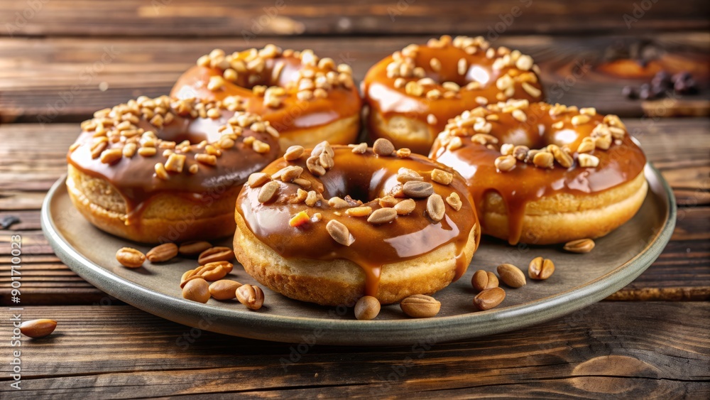 Sweet indulgence awaits with a plate of freshly baked donuts smothered in rich caramel and topped with crunchy nuts, arranged artfully on a rustic wooden table. Sweet indulgence awaits with a plate of freshly baked donuts smothered in rich caramel and topped with crunchy nuts, arranged artfully on a rustic wooden table.