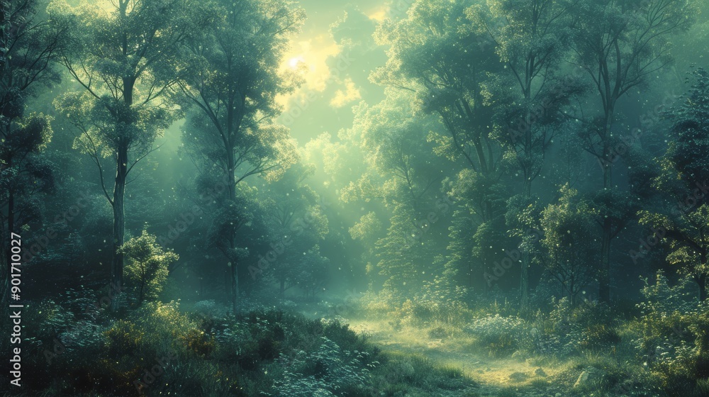 Lush Green Forest Landscape Bathed in Soft Morning Light During Early Spring. Generative AI Lush Green Forest Landscape Bathed in Soft Morning Light During Early Spring. Generative AI