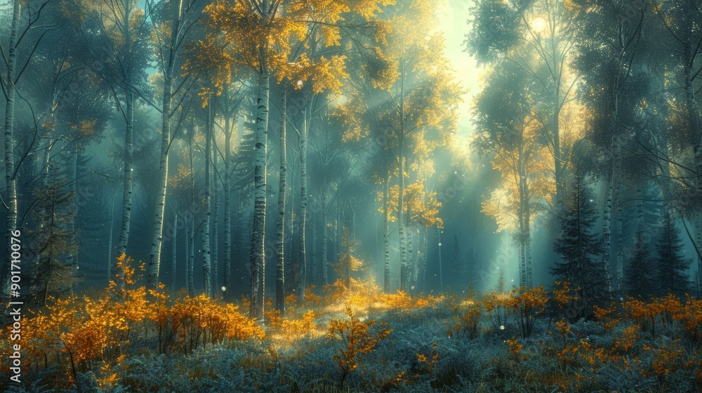 Fototapeta premium Enchanting Autumn Forest Scene With Vibrant Foliage and Soft Light in the Morning. Generative AI