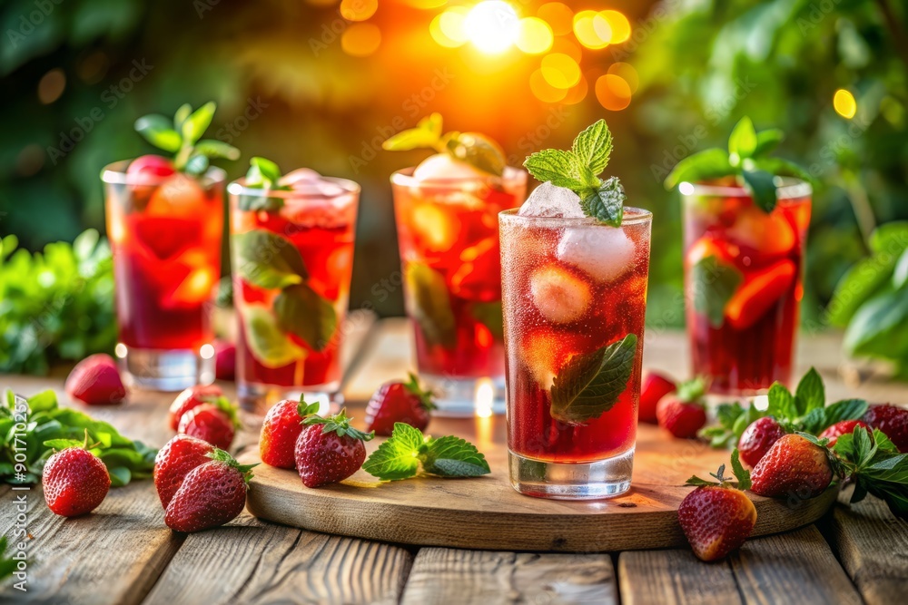 custom made wallpaper toronto digitalVibrant glasses filled with icy strawberry drink, garnished with fresh mint leaves, sit on a sunny outdoor table surrounded by lush greenery and warm lighting.