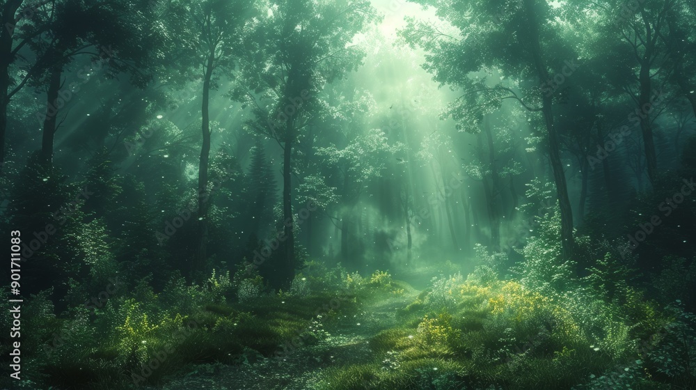 Obraz premium Mysterious Forest Glade Illuminated by Sunlight During Early Morning Hours. Generative AI