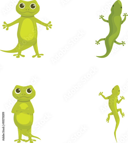 Funny gecko icons set cartoon vector. Cute cartoon green lizard. Animal, amphibian
