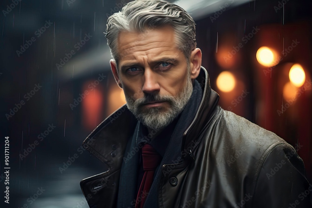 A brooding man stands under the rain, exuding confidence and mystery in an urban setting, ready to face the world. A brooding man stands under the rain, exuding confidence and mystery in an urban setting, ready to face the world.